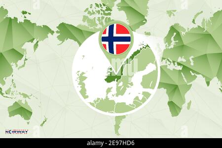 Mappa del mondo centrica americana con mappa ingrandita della Norvegia. Mappa del mondo poligonale verde. Illustrazione Vettoriale