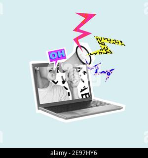 Gridare i vostri propri pensieri in linea. Uomo con megafono in un computer portatile. Design moderno, collage d'arte contemporanea. Ispirazione, idea, stile urbano alla moda rivista. Spazio negativo per inserire il testo o l'annuncio. Foto Stock