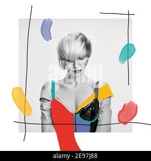 Taglio elegante, stile haiit. Look alla moda, acquerello. Design moderno, collage d'arte contemporanea. Ispirazione, idea, stile urbano alla moda rivista. Spazio negativo per inserire il testo o l'annuncio. Foto Stock