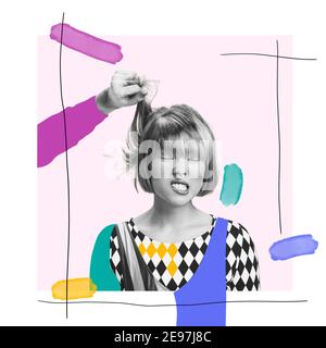 Taglio elegante, stile haiit. Look alla moda, sfilata di moda. Design moderno, collage d'arte contemporanea. Ispirazione, idea, stile urbano alla moda rivista. Spazio negativo per inserire il testo o l'annuncio. Foto Stock