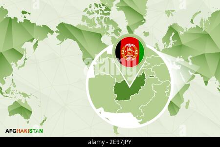 Mappa del mondo centrica dell'America con mappa ingrandita dell'Afghanistan. Mappa del mondo poligonale verde. Illustrazione Vettoriale