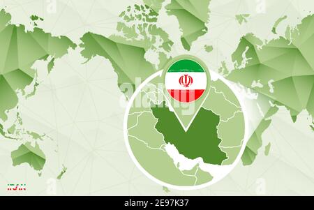 Mappa del mondo centrica americana con mappa ingrandita dell'Iran. Mappa del mondo poligonale verde. Illustrazione Vettoriale