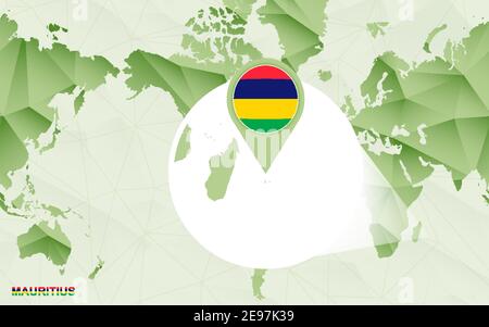 Mappa del mondo centrico americano con mappa ingrandita di Mauritius. Mappa del mondo poligonale verde. Illustrazione Vettoriale