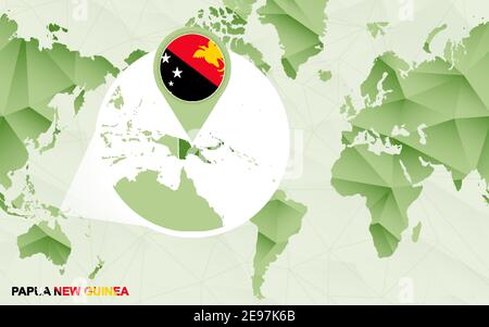 Mappa del mondo centrica americana con mappa ingrandita di Papua Nuova Guinea. Mappa del mondo poligonale verde. Illustrazione Vettoriale