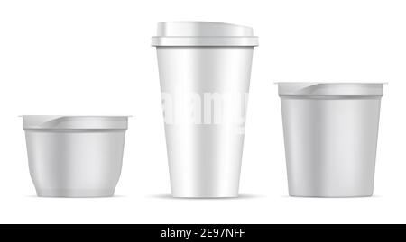 Tazza da caffè di carta. Vasetto di plastica bianco vuoto. Modello vettoriale contenitore yougurt isolato, confezione monouso. Tazza da tè in cartone con coperchio, pa da asporto Illustrazione Vettoriale