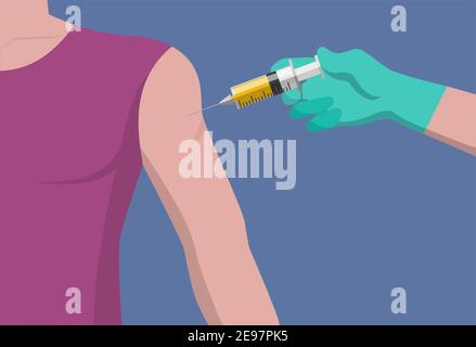 medico in guanti che tiene la siringa e che fa l'iniezione al paziente concetto di campagna di vaccinazione vaccino contro il vettore isolato da virus Illustrazione Vettoriale