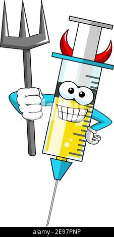 Fumante personaggio mascotte siringa medica vaccino diavolo illustrazione vettore isolato Illustrazione Vettoriale