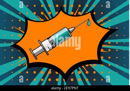 Siringa monouso per uso medico riempita con vettore isolato in stile fumetto vaccino illustrazione Illustrazione Vettoriale