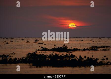 Il sole tramonta sul lago Tonlé SAP, il più grande lago d'acqua dolce del sud-est asiatico. Foto Stock
