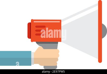 immagine vettoriale piatta con annuncio megafono con tenuta a mano isolata bianco Illustrazione Vettoriale
