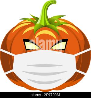Zucche vettoriali Corona Halloween che indossano maschere facciali . Covid-19 virus per decorazione di Halloween 2020, inviti, biglietti d'auguri, maschera facciale Illustrazione Vettoriale