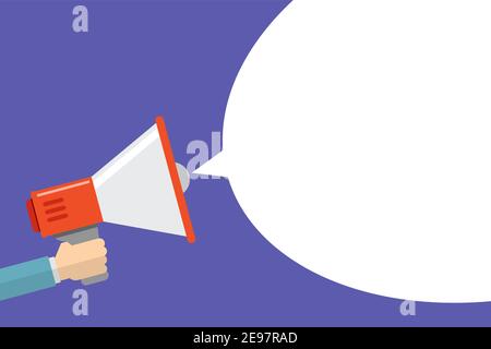 annuncio di megafono di tenuta di mano piatto disegno bolla discorso o chat illustrazione vettoriale isolata in bianco Illustrazione Vettoriale