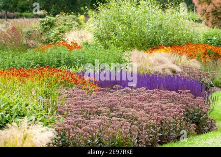 misto letto di fiori estivi, echinacea, salvia, echinops e erbe Foto Stock