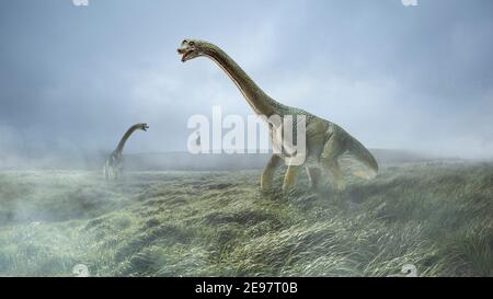 Dinosauri enorme higth che cammina attraverso la giungla, montagne nebbie. Evoluzione e paleontologia, natura selvaggia, fauna selvatica prima della nascita dell'umanità. Guarda cacciatori spaventosi, potenti e senza sosta. Scena Jurassic. Foto Stock