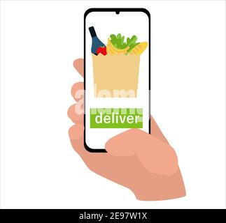 la mano tiene uno smartphone e ordina il cibo nell'applicazione. concetto di consegna e acquisto senza contatto sicuro Illustrazione Vettoriale