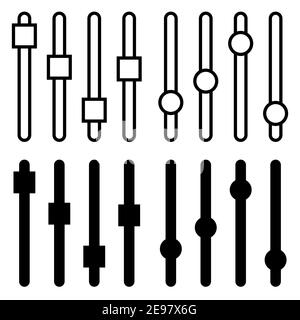 Pannello delle impostazioni o icona del cursore delle preferenze. Illustrazione vettoriale per modificare la regolazione o la regolazione del volume del miscelatore. Silhouette nera e simbolo del contorno iso Illustrazione Vettoriale