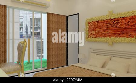 rendering 3d Illustrazione classica stile camera da letto. Bianco, nero e oro tema combinazioni classiche. Foto Stock