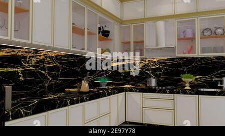 3d render Illustration cucina classica. Cucina classica a tema bianco, nero e oro. Foto Stock