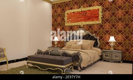 rendering 3d Illustrazione classica stile camera da letto. Bianco, nero e oro tema combinazioni classiche. Foto Stock