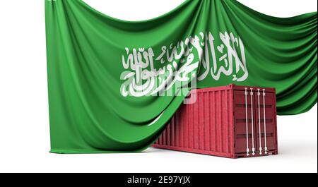 Bandiera dell'Arabia Saudita avvolta su un container commerciale. Rendering 3D Foto Stock