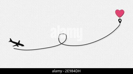 Percorso in aereo amore per destinazione punto cuore rosa. Viaggio romantico, divertente, cuore, percorso aereo, percorso. Carta di San Valentino, concetto di amore, isolato su whit Foto Stock