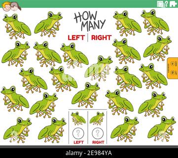 Illustrazione cartoon del compito educativo di contare a sinistra e a destra immagini orientate del carattere animale della rana dell'albero Illustrazione Vettoriale