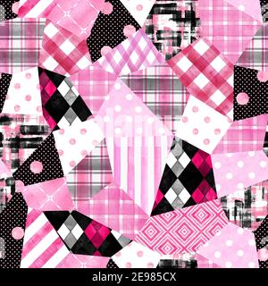 Imitazione trendy cucito pezzi di tessuto in stile patchwork. Acquerello disegno a mano moderno motivo senza giunture. Collage texture con stampe geometriche. Prin Foto Stock