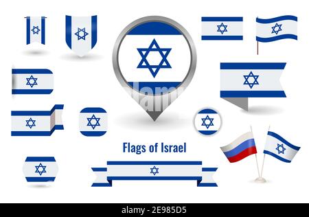 Bandiera di Israele. Cerchio e quadrato e bandiera israeliana rotonda. Grande set di icone e simboli. Raccolta di diverse bandiere di orizzontale e verticale. vec Illustrazione Vettoriale