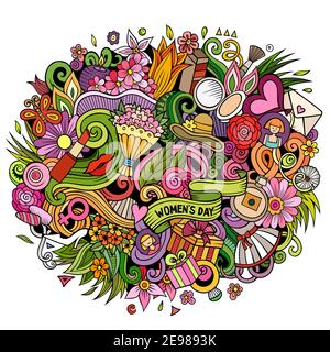Happy Womens Day illustrazione dei doodles cartoon disegnati a mano Illustrazione Vettoriale