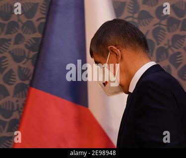 Praga, Repubblica Ceca. 03 Feb 2021. Il 3 febbraio 2021, il primo ministro ceco Andrej Babis tiene una conferenza stampa sulla decisione della Corte costituzionale sull'abrogazione di alcune disposizioni della legge elettorale. Credit: Michal Krumphanzl/CTK Photo/Alamy Live News Foto Stock