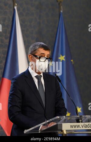 Praga, Repubblica Ceca. 03 Feb 2021. Il 3 febbraio 2021, il primo ministro ceco Andrej Babis interviene durante una conferenza stampa sulla decisione della Corte costituzionale sull'abrogazione di alcune disposizioni della legge elettorale. Credit: Michal Krumphanzl/CTK Photo/Alamy Live News Foto Stock