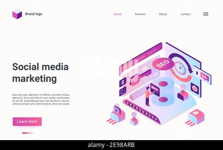 Illustrazione vettoriale isometrica del marketing dei social media. Cartoon 3d marketing analista uomo personaggio lavorando su social network promozione ottimizzazione, ricerca target di pubblico, ricerca seo, landing page Illustrazione Vettoriale