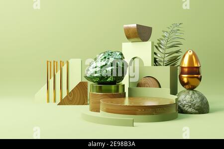 Forma e forma sfondo testurizzato piano podio studio con texture in legno e materiali misti. Illustrazione del rendering 3D. Foto Stock