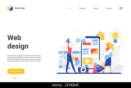 Illustrazione vettoriale del lavoro di squadra del Web design. Team di progettisti di cartoni animati che lavorano con informazioni grafiche, in piedi accanto al grande smartphone, progettando utilizzando contenuti video online sulla pagina di destinazione dello schermo Illustrazione Vettoriale