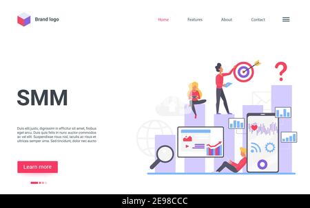 Marketing digitale, illustrazione vettoriale della tecnologia web digitale SMM. Il team di cartoni animati di persone marketing lavoro sulla promozione dei contenuti del sito web in internet e social media, analisi grafici landing page grafici Illustrazione Vettoriale