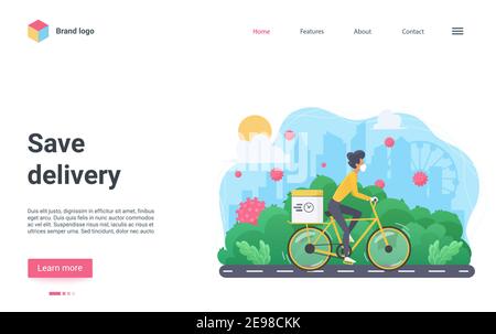 Illustrazione vettore di distribuzione sicura. Ciclista del corriere del cartone animato in maschera medica protettiva che consegna la scatola postale al cliente per ciclo durante la pandemia del coronavirus, pagina di atterraggio del servizio rapido del posto di sicurezza Illustrazione Vettoriale