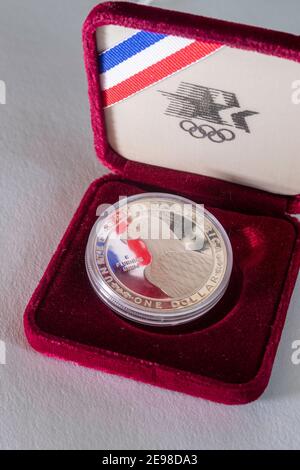 Uncirculated Proof 1983-S Los Angeles XXIII Olympiad Silver Dollar, Stati Uniti Foto Stock