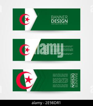 Set di tre striscioni orizzontali con bandiera dell'Algeria. Modello di disegno di banner Web a colori della bandiera algerina. Illustrazione vettoriale. Illustrazione Vettoriale