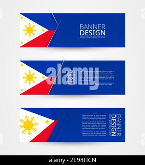 Set di tre striscioni orizzontali con bandiera delle Filippine. Modello di disegno di banner Web a colori della bandiera delle Filippine. Illustrazione vettoriale. Illustrazione Vettoriale