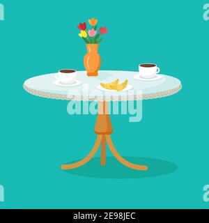 Elegante tavolo in un caffè. Vettore cartoon. Tovaglia aperta, tazze da caffè, croissant, fiori primaverili in vaso. Illustrazione Vettoriale