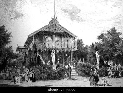 La sala da bere nel Reno impianti di Coblenza, Germania, 1880 / Die Trinkhalle in den Rheinanlagen von Koblenz, Deutschland, 1880, Historisch, storico, digitale riproduzione migliorata di un originale del 19 ° secolo / digitale Reproduktion einer Originalvollage aus dem 19. Jahrhundert, Foto Stock