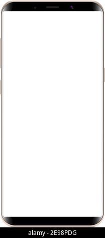 Smartphone moderno di colore nero con schermo bianco vuoto e cornice dorata. Design mockup di telefoni cellulari vettoriali 3d di alta qualità. Illustrazione Vettoriale