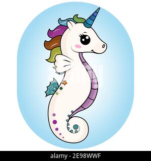 Unicorno magico cavalluccio marino. Semplice stile piatto. Disegno di illustrazioni vettoriali per tessuti di moda, grafica tessile, stampe. Illustrazione Vettoriale