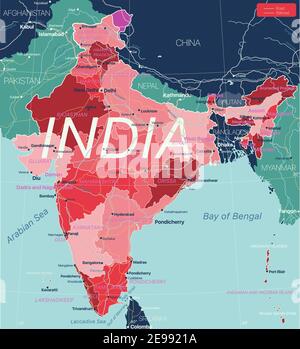 Paese India Mappa dettagliata modificabile con regioni città e città, strade e ferrovie, siti geografici. File vettoriale EPS-10 Illustrazione Vettoriale