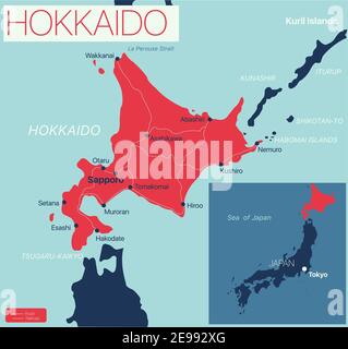 Isola di Hokkaido Mappa dettagliata modificabile con regioni città e città, strade e ferrovie, siti geografici. File vettoriale EPS-10 Illustrazione Vettoriale