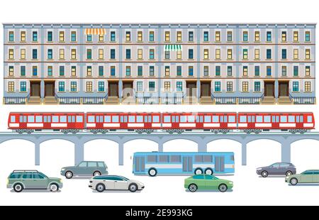 Traffico stradale con elevato treno, autobus e ciclista e illustrazione del paesaggio urbano Illustrazione Vettoriale