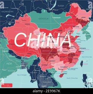 Paese della Cina Mappa dettagliata modificabile con regioni città e città, strade e ferrovie, siti geografici. File vettoriale EPS-10 Illustrazione Vettoriale