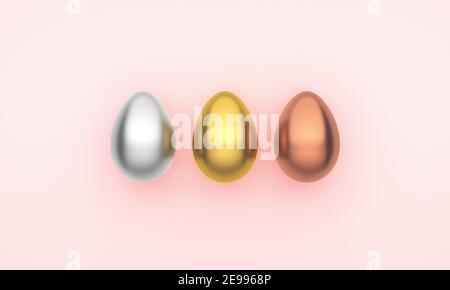 Tre uova di Pasqua su sfondo rosa. Stile minimalista. Rendering 3D Foto Stock