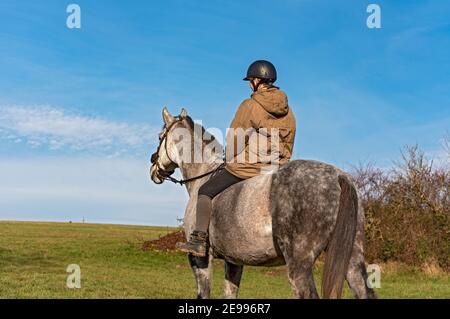 Giovane donna cavalca senza bareback su purosangue ceco warmblood cavallo in i campi Foto Stock