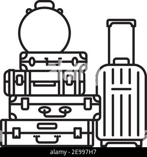 Pila di valigie con una scatola di cappello e un'icona a forma di vettore valigia per la giornata del turismo mondiale il 27 settembre. Simbolo di viaggio globale. Illustrazione Vettoriale